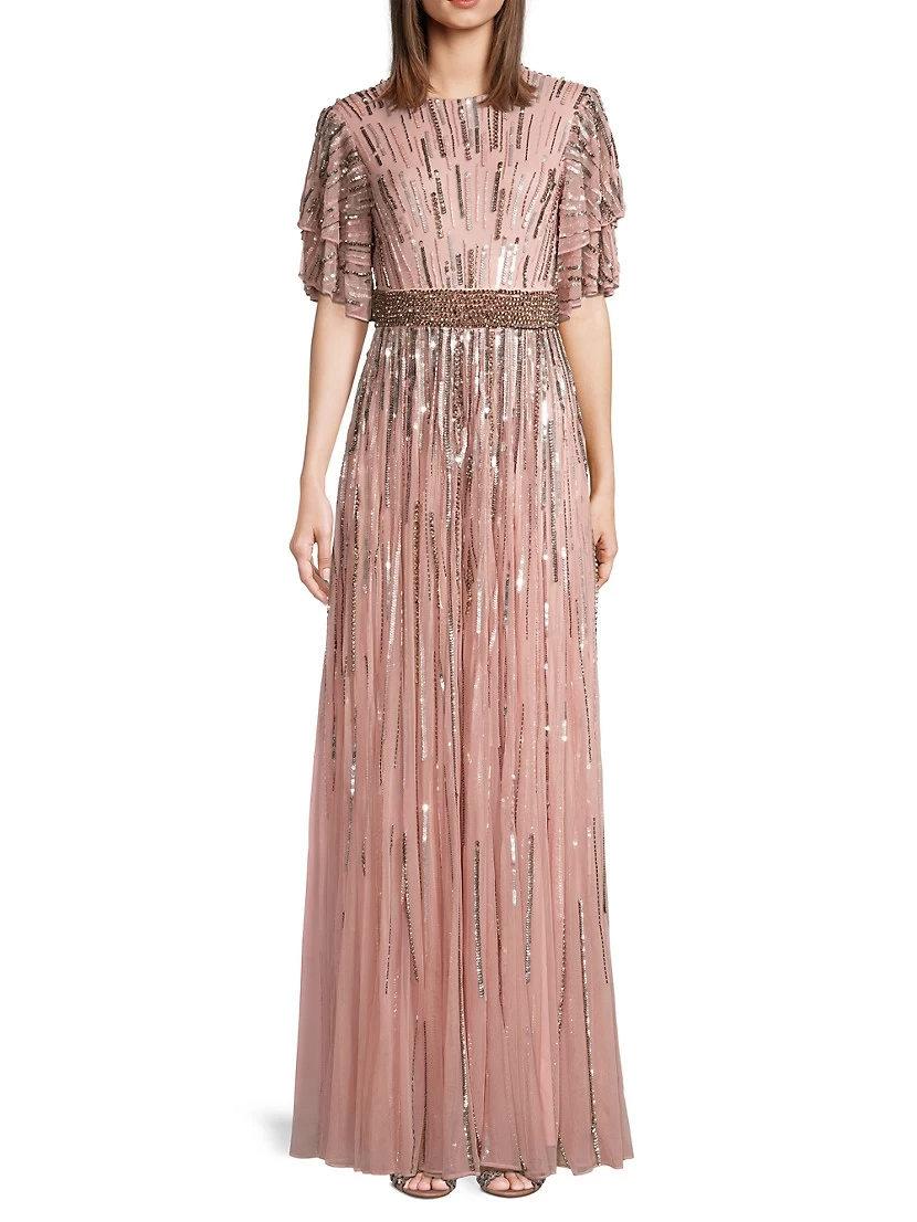Beaded Flutter Sleeve Gown - Image 3