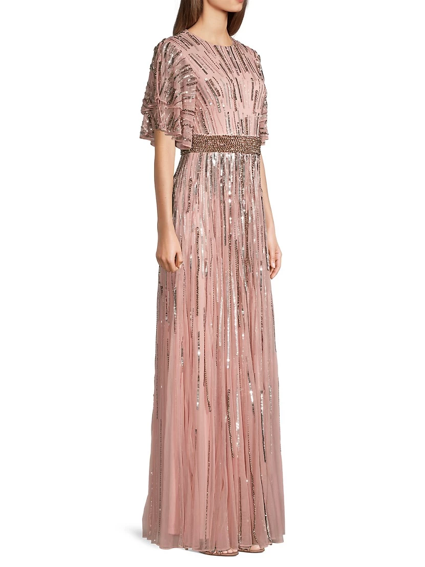 Beaded Flutter Sleeve Gown - Image 4