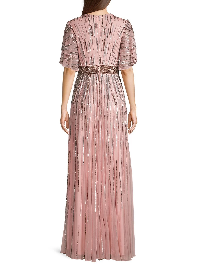 Beaded Flutter Sleeve Gown - Image 5