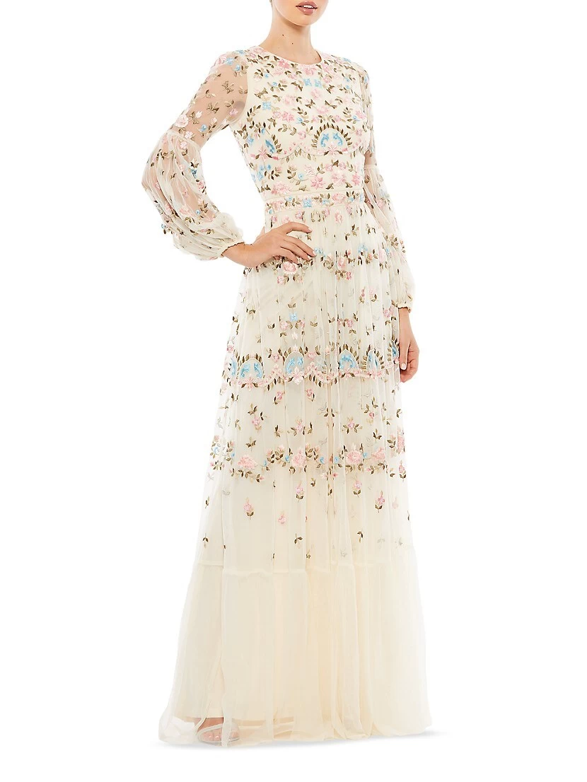 Floral Embellished Tulle Gown