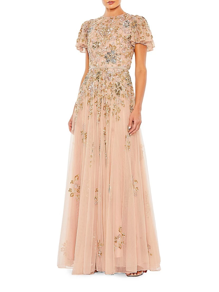 Floral-Embroidered Tulle Gown