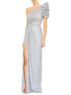 One-Shoulder Sequined Stripe Gown