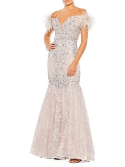 Off-The-Shoulder Feather Embellished Mermaid Gown