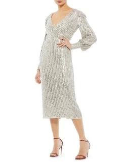 Sequin Bishop-Sleeve Cocktail Dress