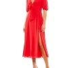 V-Neck Bow Split-Hem Knee-Length A-Line Midi-Dress