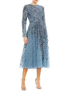 Embellished Illusion Long-Sleeve Dress