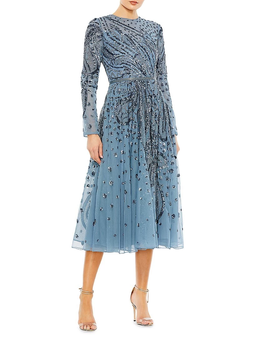 Embellished Illusion Long-Sleeve Dress