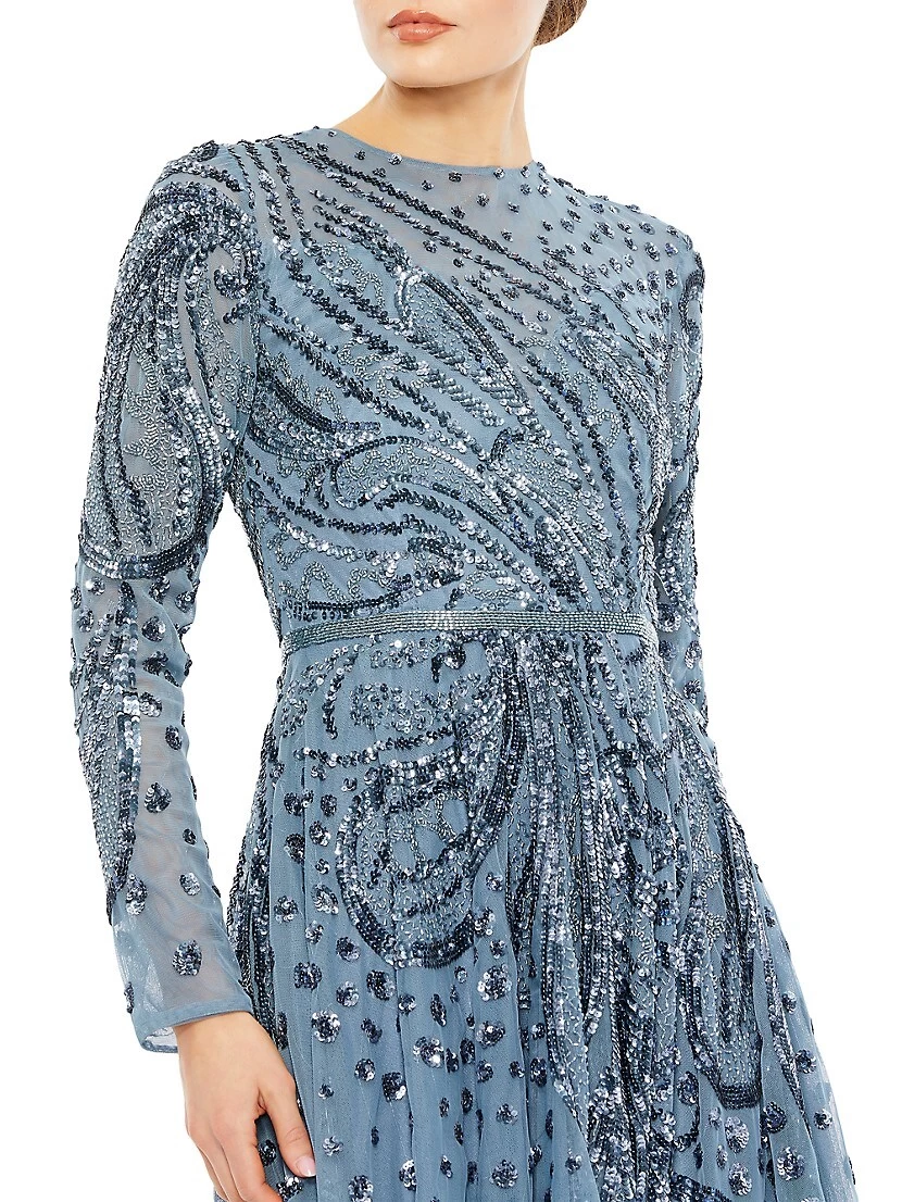 Embellished Illusion Long-Sleeve Dress - Image 3