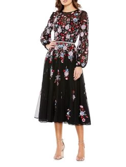 Sequined Floral Billowy-Sleeve Midi Dress