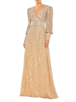 Sequin Wrap-Over Bishop-Sleeve Gown