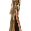 Metallic Long-Sleeve Asymmetrical Ruched Gown