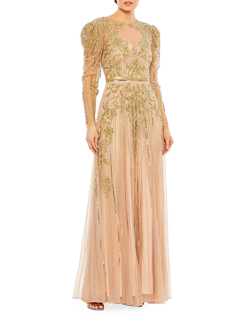 Beaded Illusion Puff-Sleeve Gown