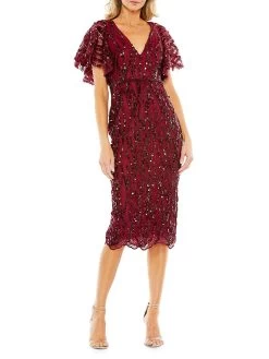 Sequin Butterfly-Sleeve Midi-Dress