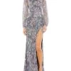 Embellished Illusion Long-Sleeve Faux-Wrap Gown