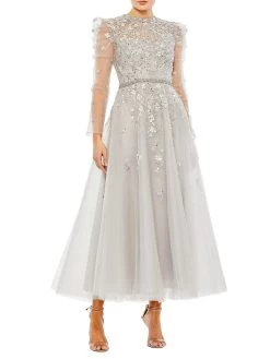 Embellished Gathered Long-Sleeve A-Line Gown