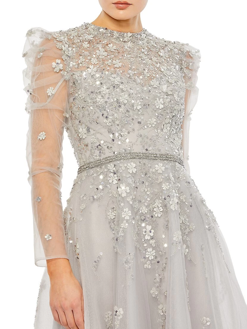 Embellished Gathered Long-Sleeve A-Line Gown - Image 3