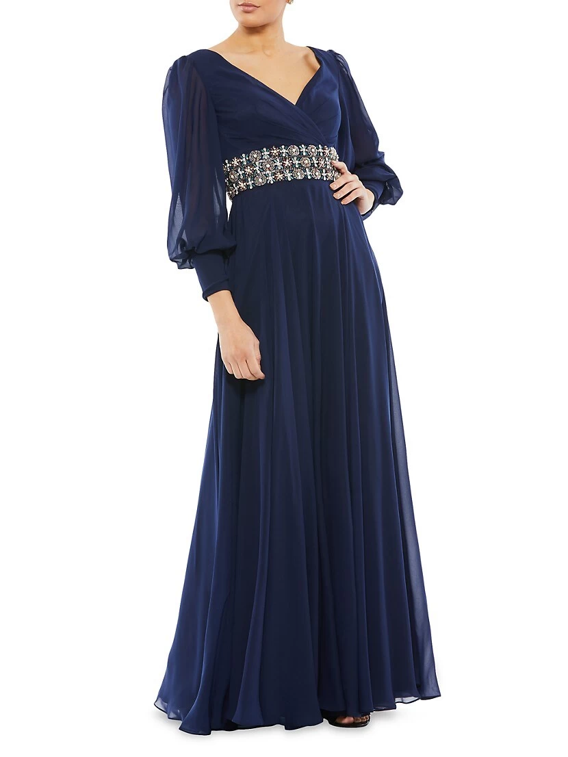 Bishop-Sleeve Wrap Belted Flowy Gown