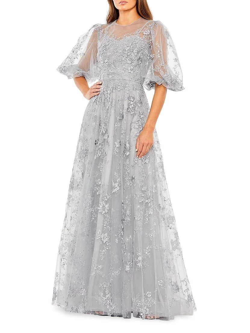 Embroidered Illusion High-Neck Puff-Sleeve A-Line Gown