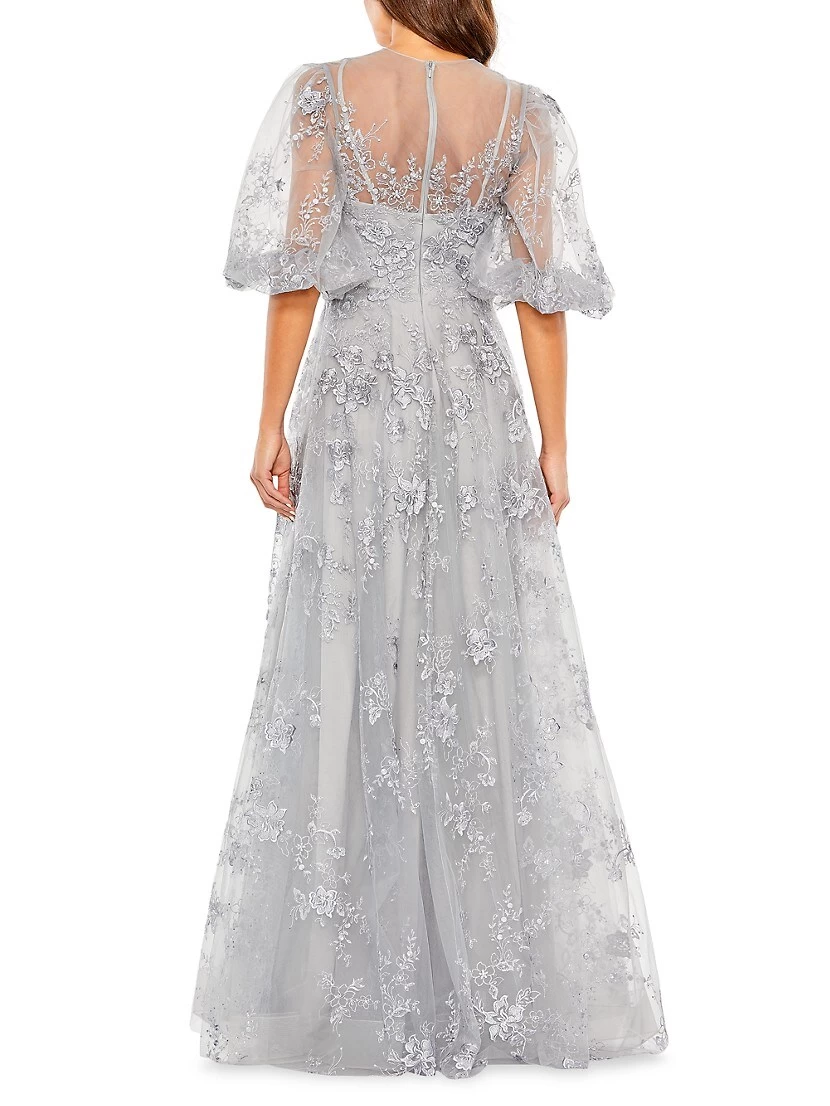 Embroidered Illusion High-Neck Puff-Sleeve A-Line Gown - Image 2