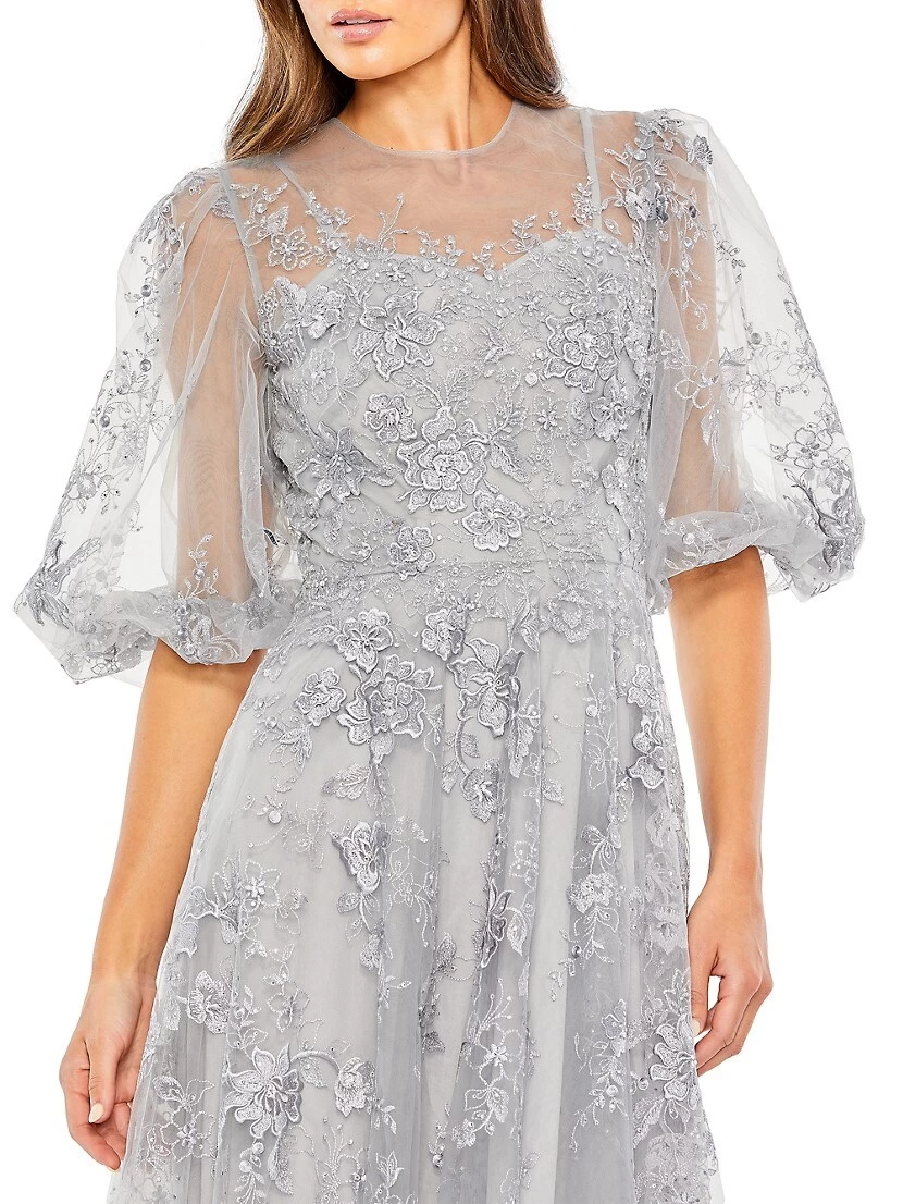 Embroidered Illusion High-Neck Puff-Sleeve A-Line Gown - Image 3