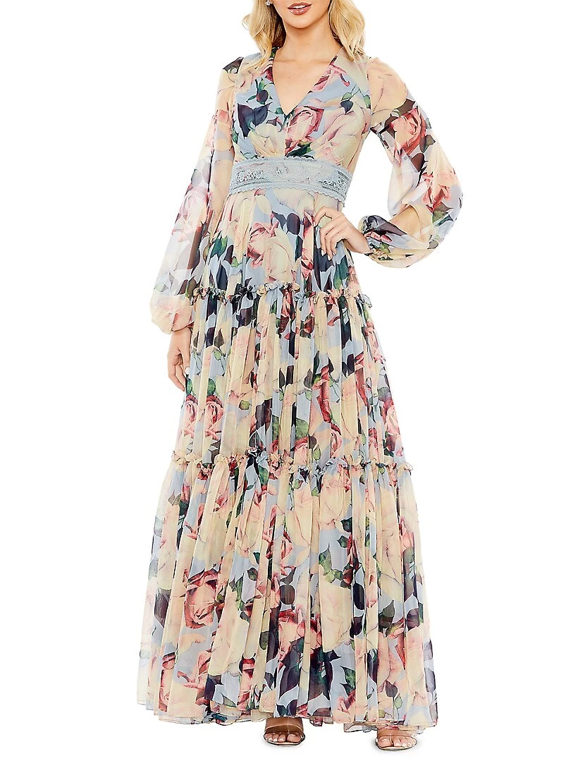 Floral Chiffon Puff-Sleeve Gown