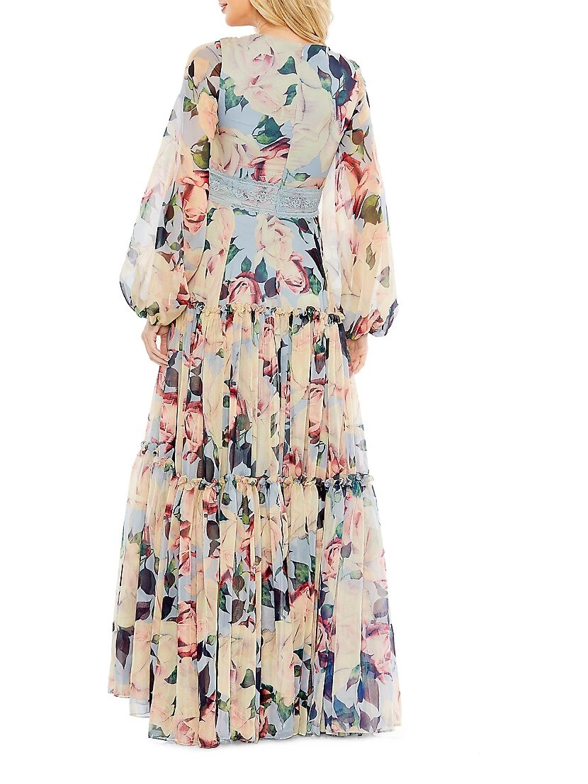 Floral Chiffon Puff-Sleeve Gown - Image 3