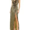Sequin Faux-Wrap Cap-Sleeve Gown