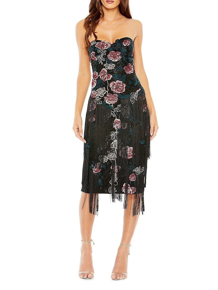 Fringed Floral Jacquard Strapless Dress