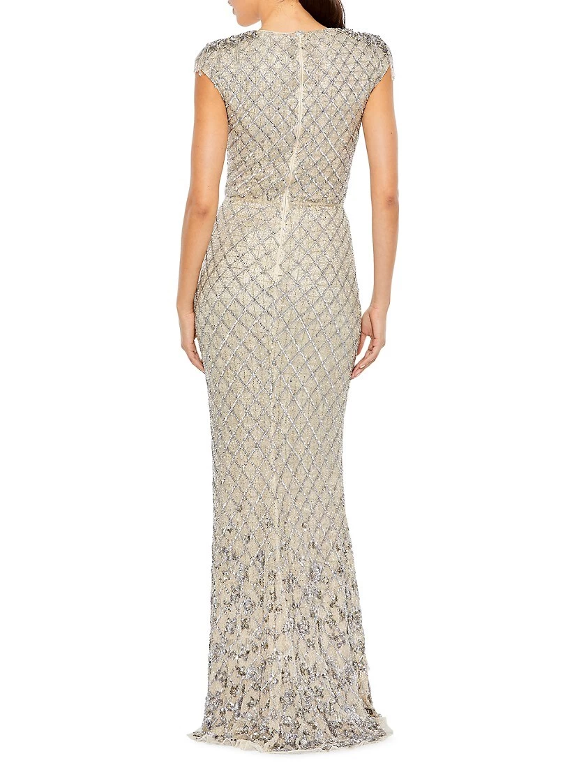 Crystal-Embellished Cap-Sleeve Column Gown - Image 3