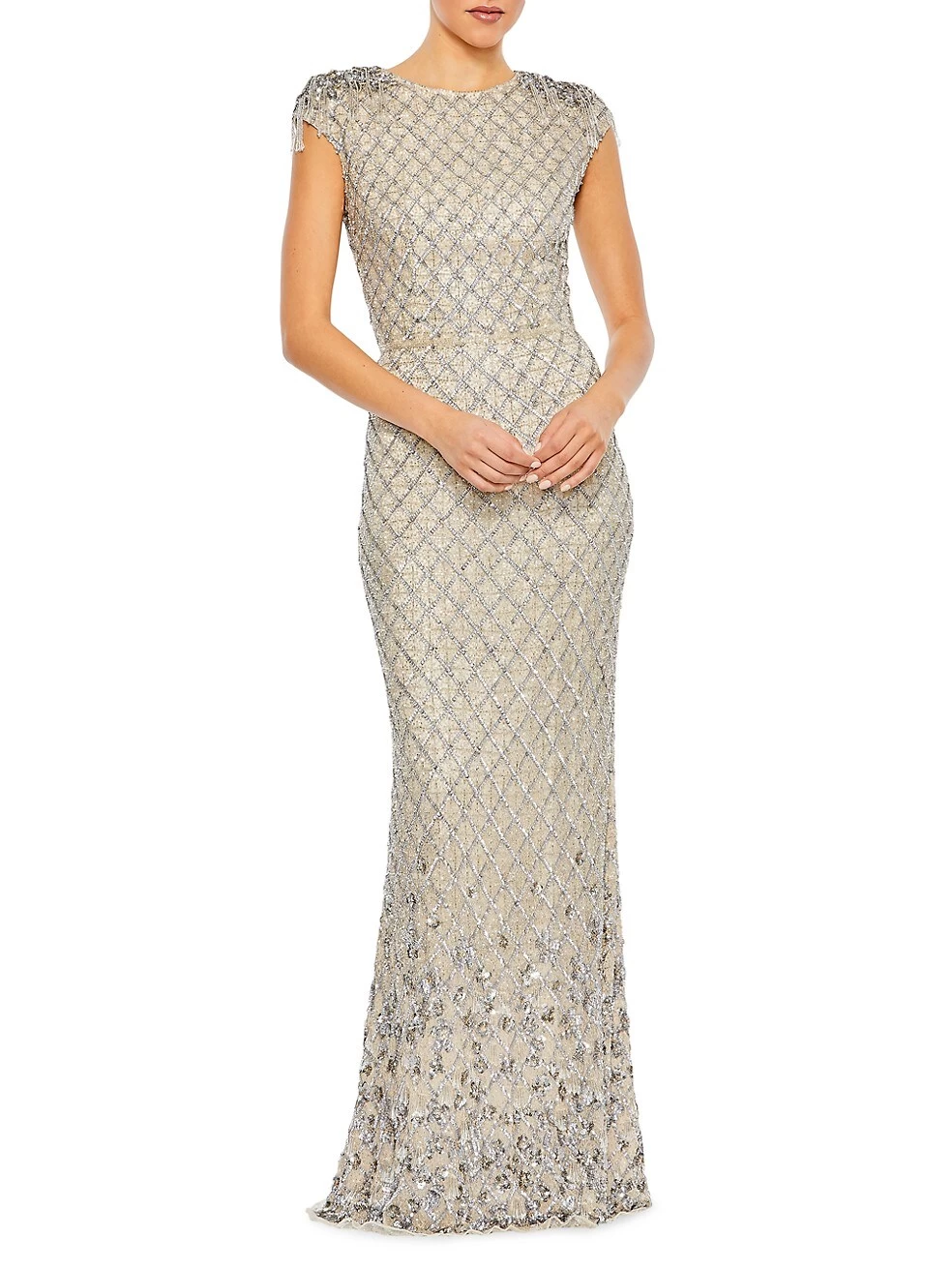Crystal-Embellished Cap-Sleeve Column Gown - Image 2