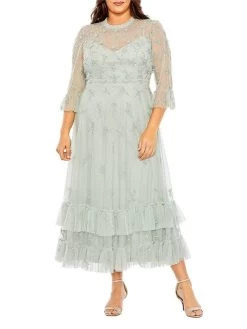 Plus Size High-Neck Embellished Flutter Dress