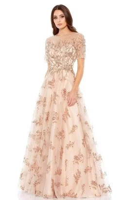 Mac Duggal - Short Sleeve A-Line Evening Dress 79317D - 1 Pc Champagne In Size 14 Available